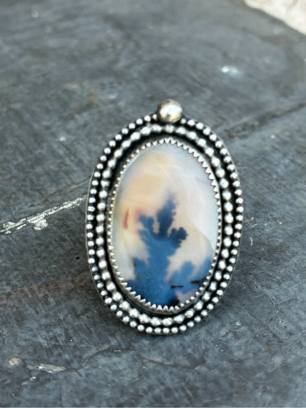 Sterling Silver Dendritic Agate Statement Ring Artisan Silversmith Crafted